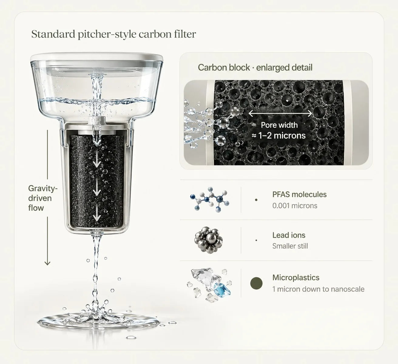 Filtre à charbon standard pour pichet : écoulement par gravité à travers des pores de 1 à 2 microns. Les molécules de PFAS font 0,001 micron, les ions de plomb sont encore plus petits et les microplastiques vont de 1 micron jusqu’à l’échelle nanométrique.